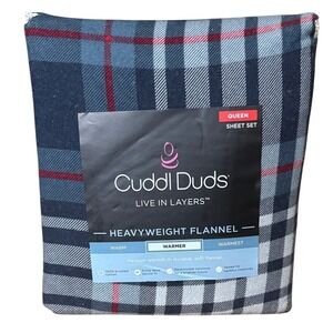 Cuddl Duds Blue & Red Plaid Heavyweight Flannel Queen Sheet Set Winter Fall NWT